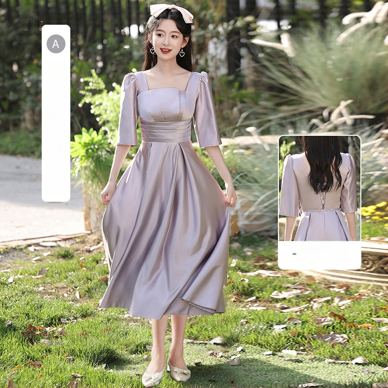 Pruutneitside kleit, A-line, kõrge vöökoht, atsetaadi–polüesteri segu, pikk kleit, 3/4 varrukad