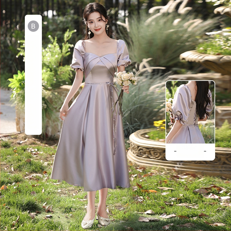 Pruutneitside kleit, A-line, kõrge vöökoht, atsetaadi–polüesteri segu, pikk kleit, 3/4 varrukad