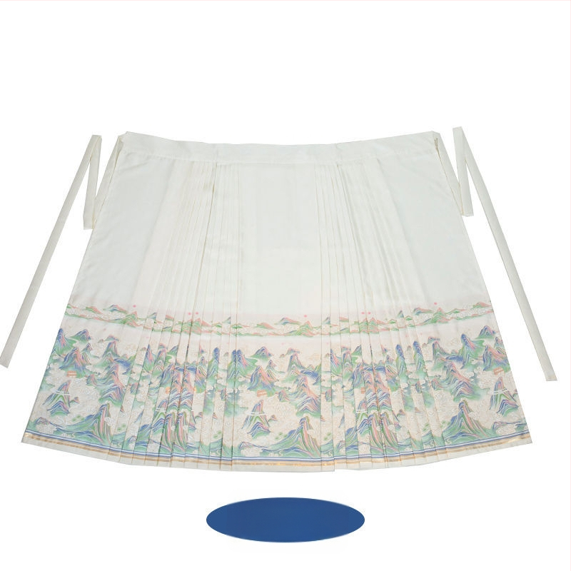 Hanfu kleita ar kalnu un upju ainavu motīvu, zelta izšūšana, retro stils, izšūta Ma Mian svārku daļa, poliesters 70–80%, pavedienu krāsošana