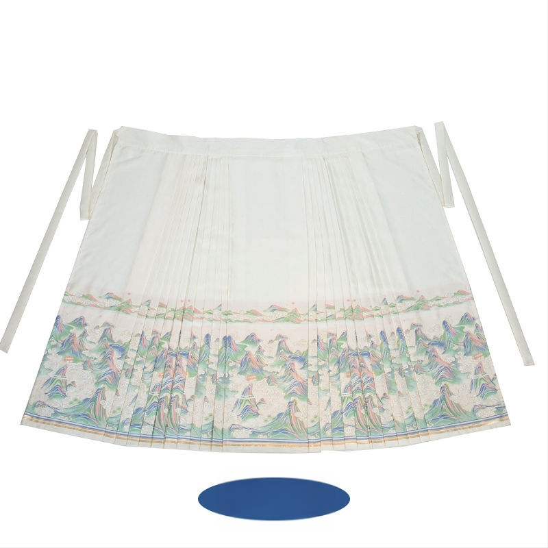 Hanfu kleita ar kalnu un upju ainavu motīvu, zelta izšūšana, retro stils, izšūta Ma Mian svārku daļa, poliesters 70–80%, pavedienu krāsošana