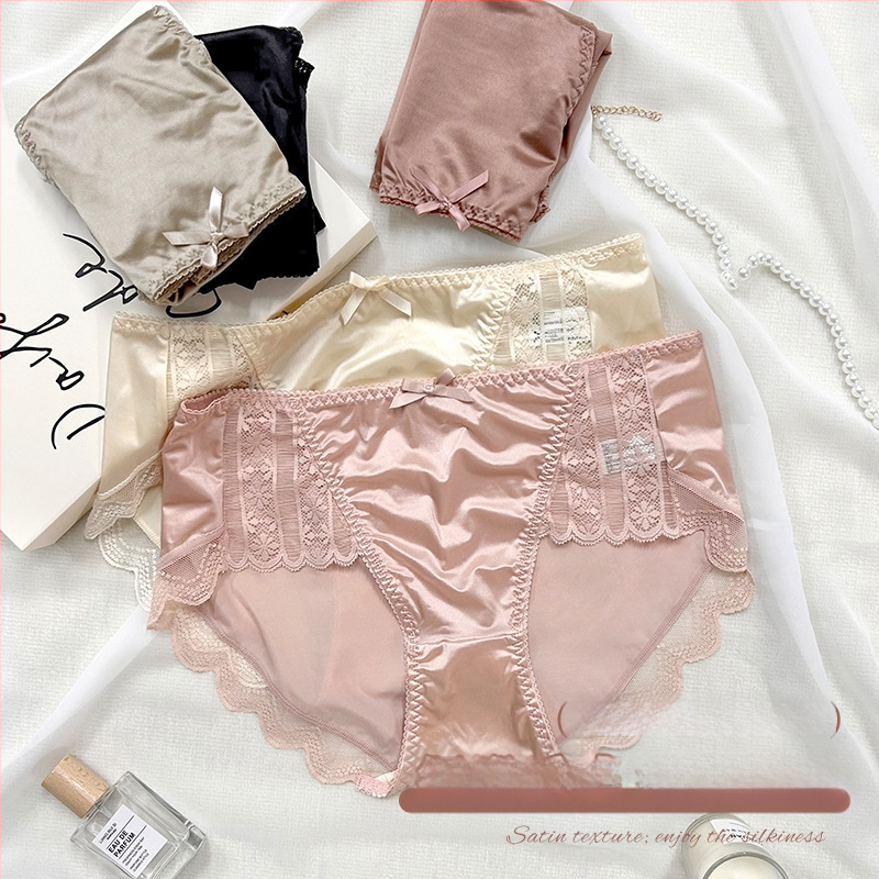 Sieviešu mežģīņu apakšveļa no viskozes, viduklis vidējā līmenī, kokvilnas odere cirkšņa zonā, antibakteriāla, adīta mežģīne, loku motīvs