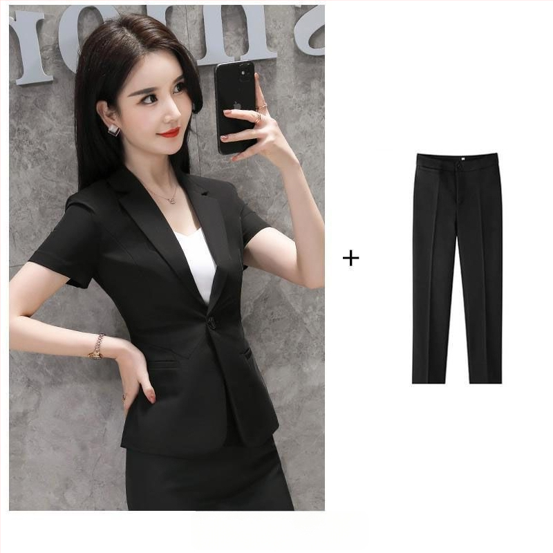 Sieviešu vasaras kostīms ar jaku un svārkiem – biroja stilam, rayon audums, ar īsiem piedurknēm, 2025. gads