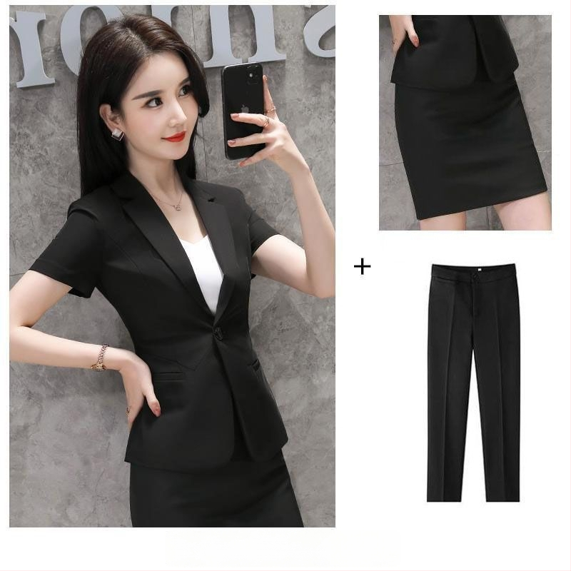 Sieviešu vasaras kostīms ar jaku un svārkiem – biroja stilam, rayon audums, ar īsiem piedurknēm, 2025. gads