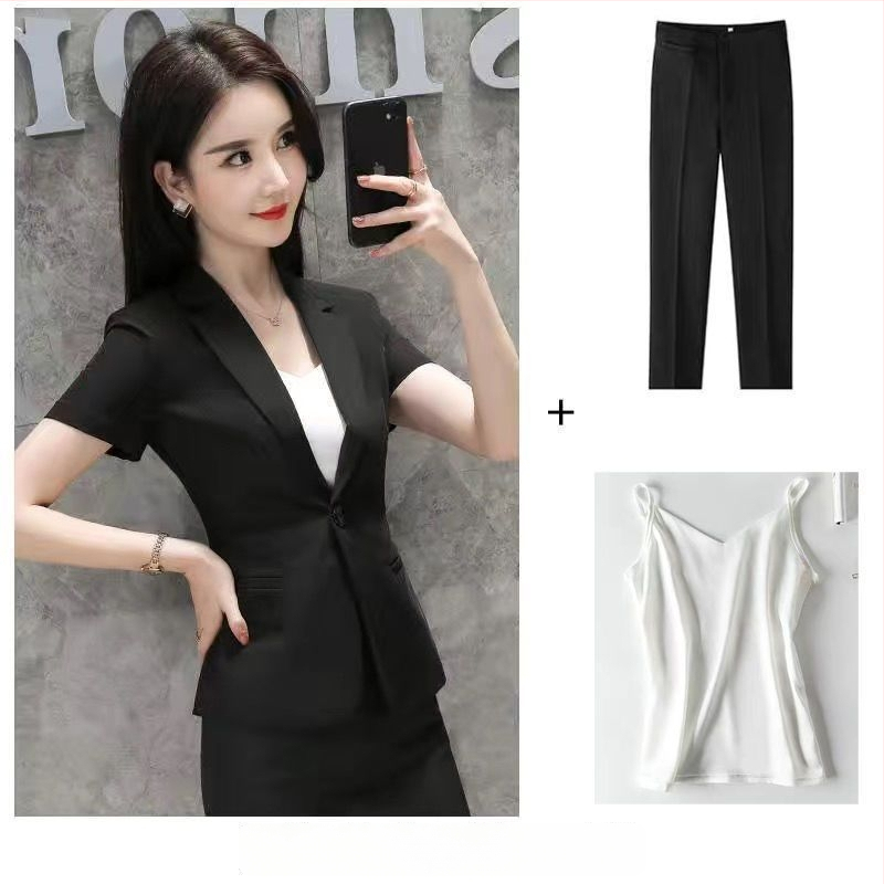 Sieviešu vasaras kostīms ar jaku un svārkiem – biroja stilam, rayon audums, ar īsiem piedurknēm, 2025. gads