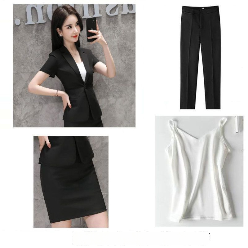 Sieviešu vasaras kostīms ar jaku un svārkiem – biroja stilam, rayon audums, ar īsiem piedurknēm, 2025. gads