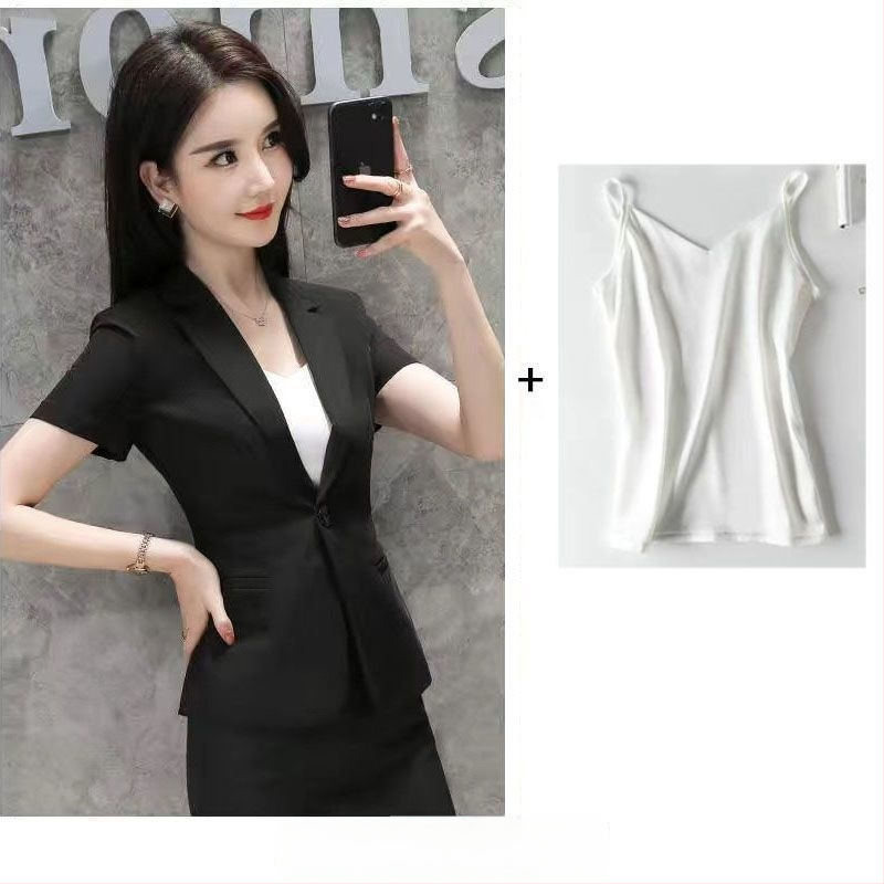 Sieviešu vasaras kostīms ar jaku un svārkiem – biroja stilam, rayon audums, ar īsiem piedurknēm, 2025. gads