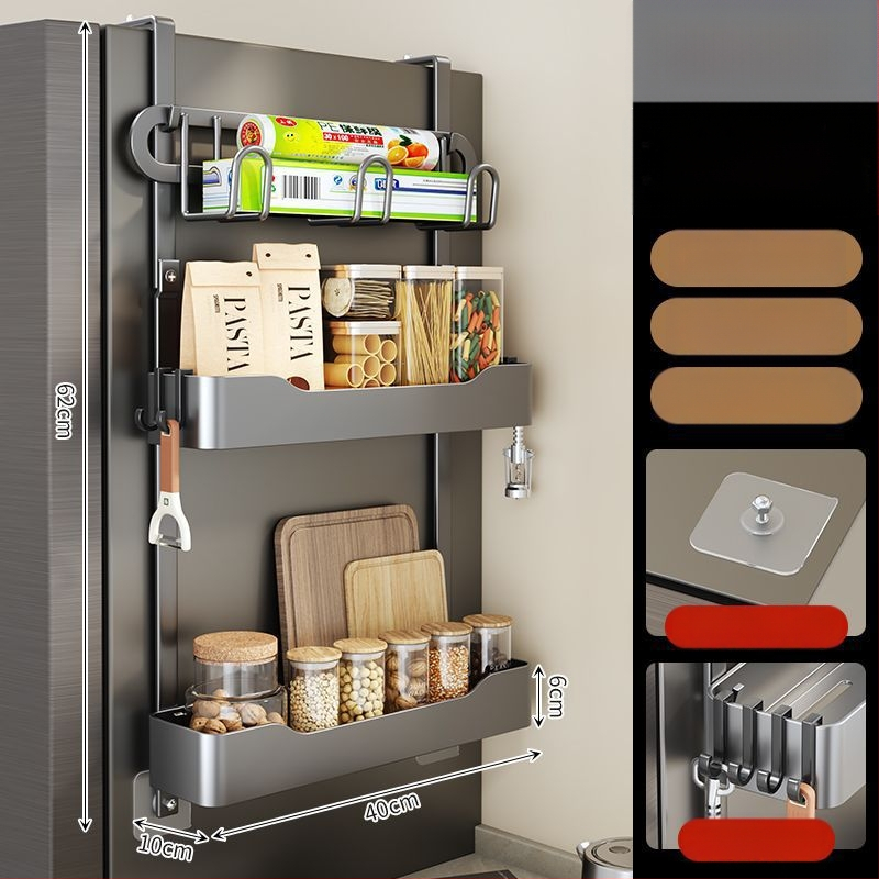 Külmkapi küljehoidja - puurimata paigaldus, mitmekihiline metalliline hoiukorraldaja maitseainete ja kilekoti jaoks