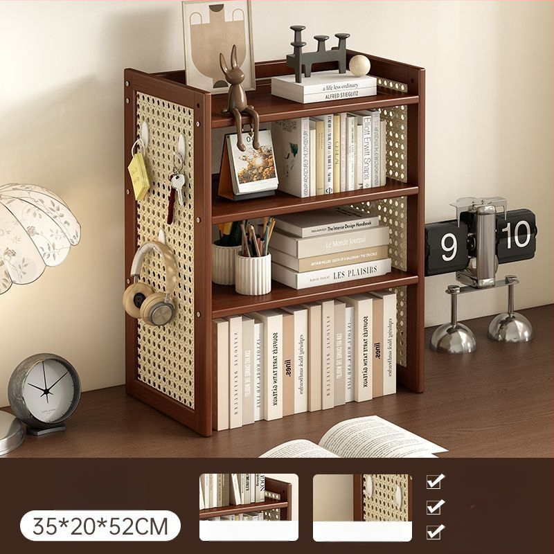 Trīs līmeņu galda uzglabāšanas plaukts no bambusa ar caurumu plāksni, viduslaiku stila biroja organizētājs