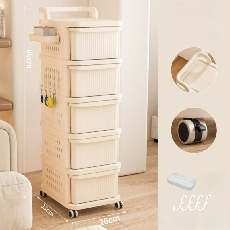 Ratiņveida uzglabāšanas statīvs – 5 līmeņi, uz grīdas, ar riteņiem, noņemamais atvilktņu mehānisms, no plastmasas