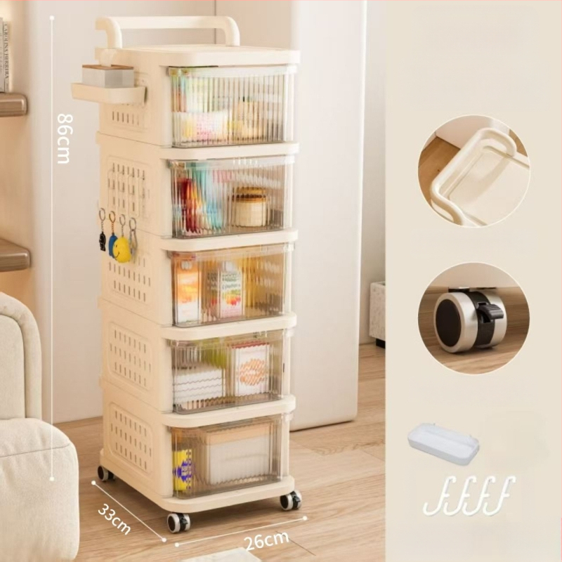 Ratiņveida uzglabāšanas statīvs – 5 līmeņi, uz grīdas, ar riteņiem, noņemamais atvilktņu mehānisms, no plastmasas