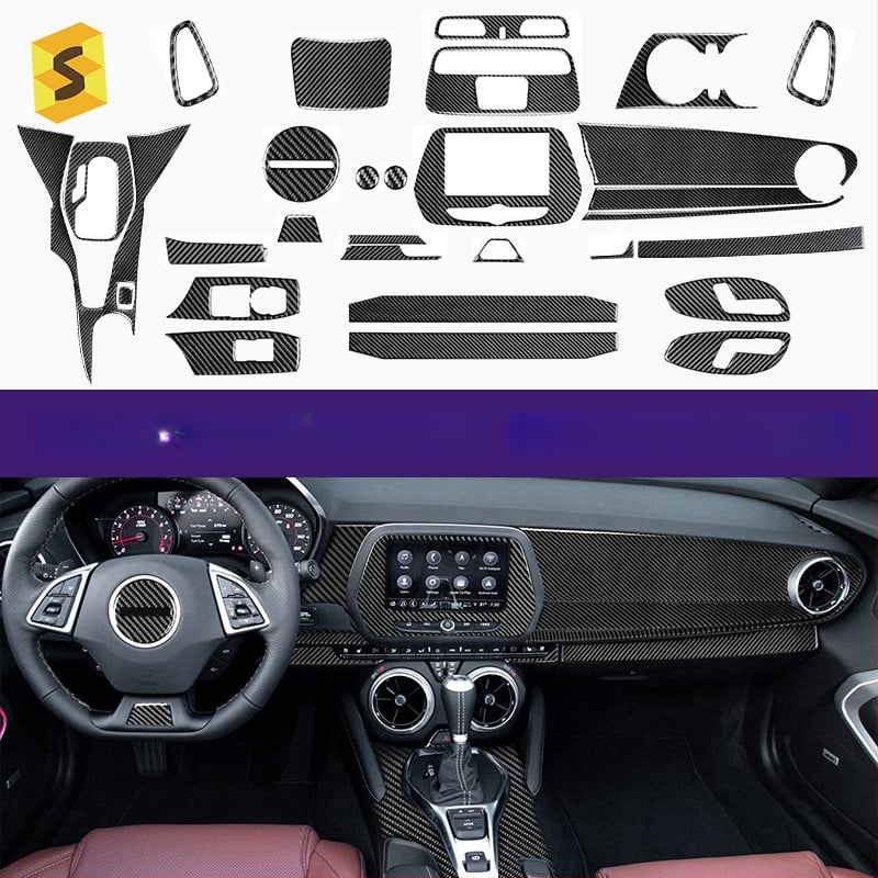 Interjera oglekļa šķiedras līmējamais komplekts dekoratīvām uzlīmēm Chevrolet Camaro (16-23), modelis Djxfl013–djxfl066, zīmols Salsa carbon fiber, logotipa drukāšana iespējama, pielāgošana
