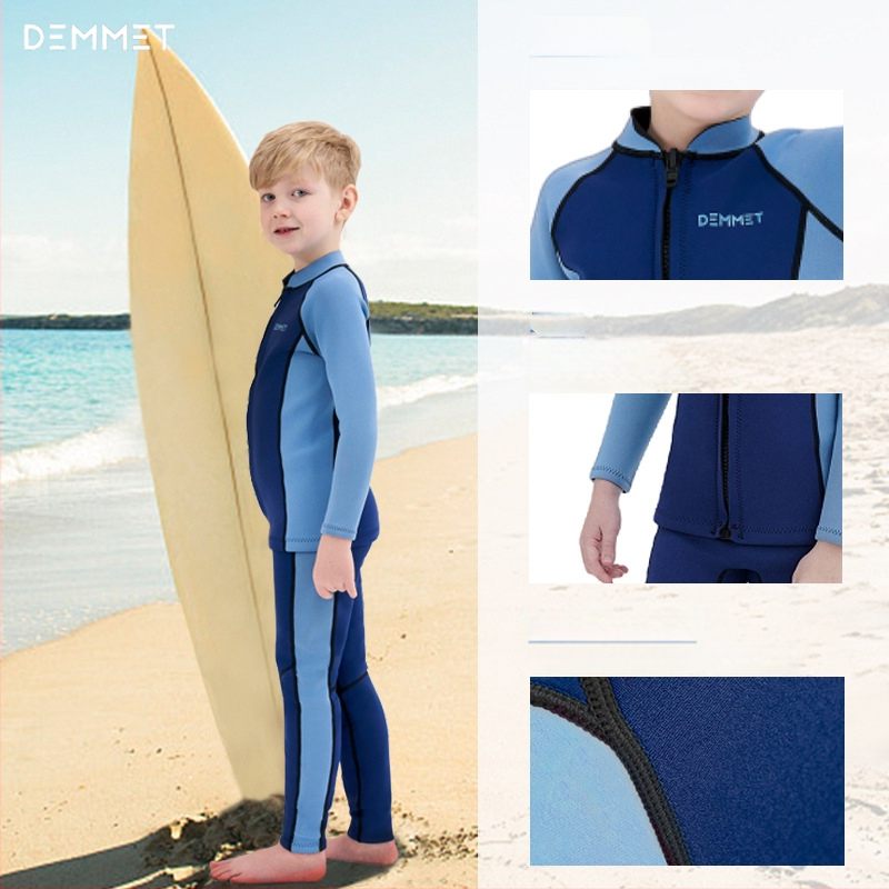 Bērnu divdaļīgs neoprena wetsuits ar garām piedurknēm, 1.5/3 mm, silts, piemērots niršanai, snorķelēšanai un peldēšanai