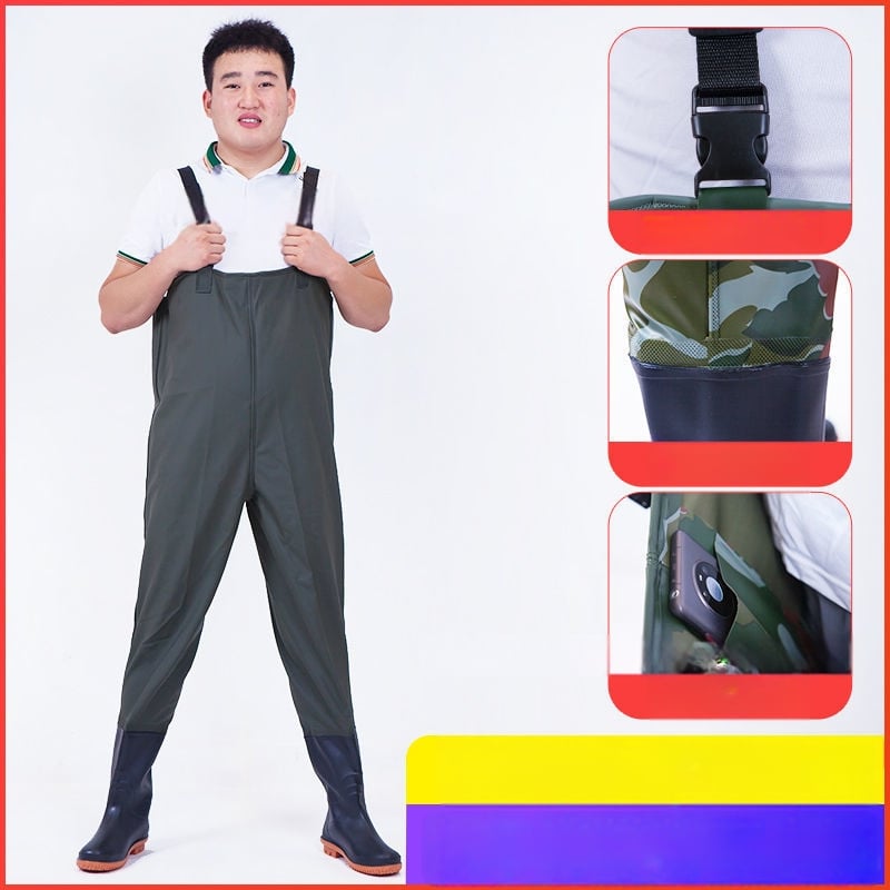 Ūdensizturīgs universālais kombinezonas komplekts ar biksēm un ūdens kurpēm makšķerēšanai un āra aktivitātēm (Materiāls: PVC audums; Raksts: Vienkrāsains; Sezonas: Visas sezonas; Dzimums: Universāls)