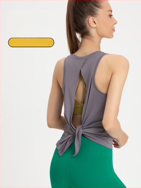 Sievišķīgs brīvs piegriezums bez piedurknēm fitnesa topam ar ātru žāvēšanu un muguras atsegumu — poliestera matēts audums, 90% poliester, 10% elastāns