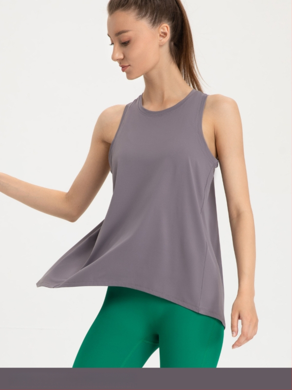 Sievišķīgs brīvs piegriezums bez piedurknēm fitnesa topam ar ātru žāvēšanu un muguras atsegumu — poliestera matēts audums, 90% poliester, 10% elastāns