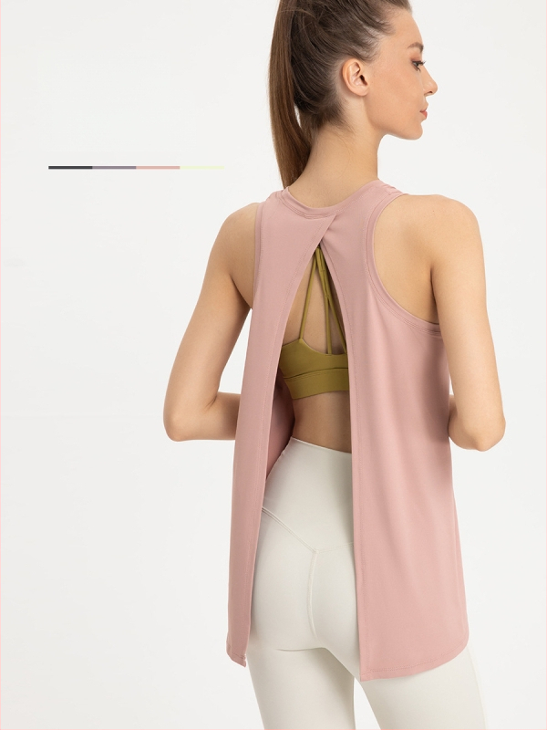 Sievišķīgs brīvs piegriezums bez piedurknēm fitnesa topam ar ātru žāvēšanu un muguras atsegumu — poliestera matēts audums, 90% poliester, 10% elastāns