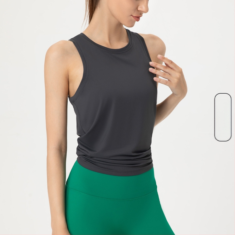 Sievišķīgs brīvs piegriezums bez piedurknēm fitnesa topam ar ātru žāvēšanu un muguras atsegumu — poliestera matēts audums, 90% poliester, 10% elastāns