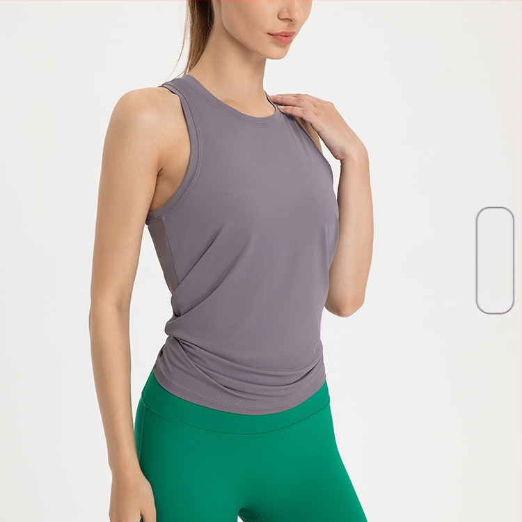 Sievišķīgs brīvs piegriezums bez piedurknēm fitnesa topam ar ātru žāvēšanu un muguras atsegumu — poliestera matēts audums, 90% poliester, 10% elastāns