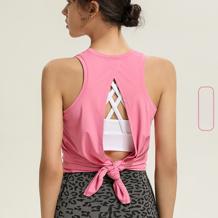 Sievišķīgs brīvs piegriezums bez piedurknēm fitnesa topam ar ātru žāvēšanu un muguras atsegumu — poliestera matēts audums, 90% poliester, 10% elastāns