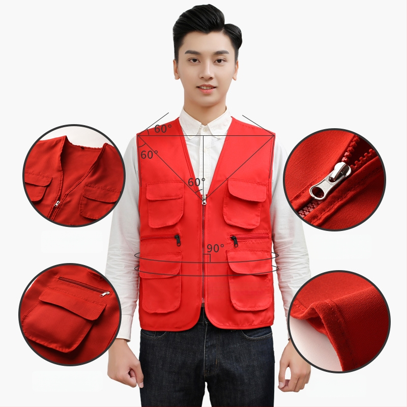 Töövest mitmekülgsete taskutega ja logo trükiga, reversiga kaelus, ühe rida kinnitusega, puuvillane materjal