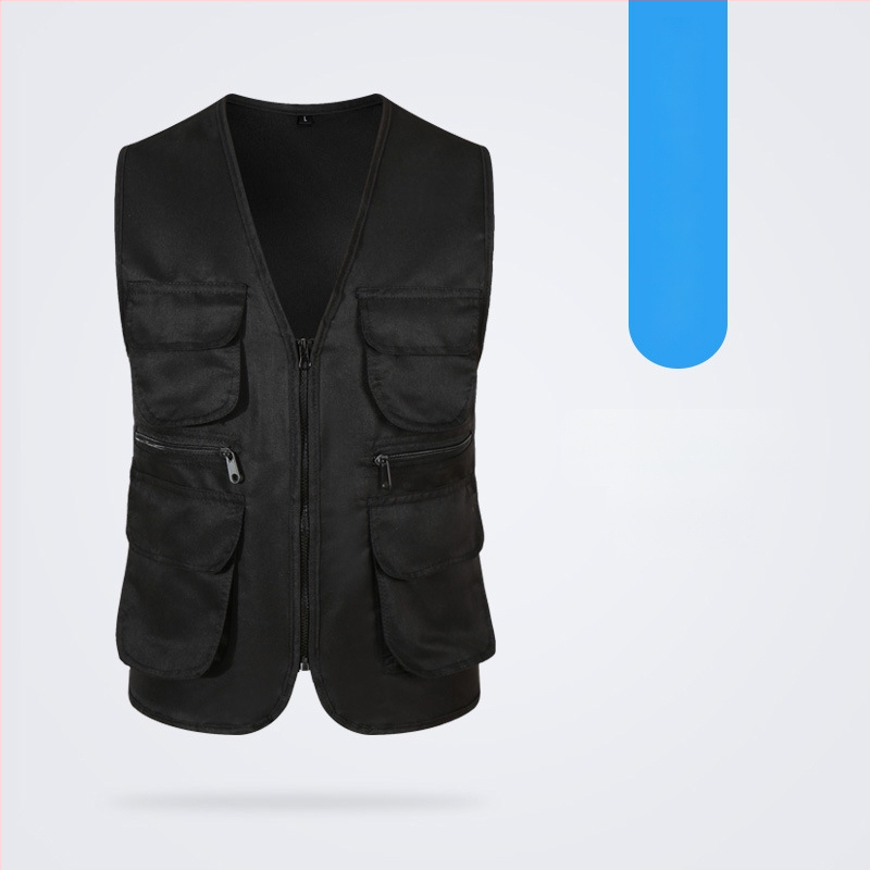 Töövest mitmekülgsete taskutega ja logo trükiga, reversiga kaelus, ühe rida kinnitusega, puuvillane materjal