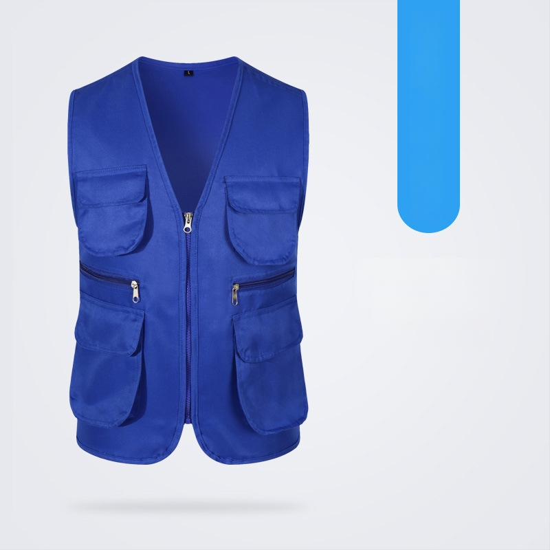 Töövest mitmekülgsete taskutega ja logo trükiga, reversiga kaelus, ühe rida kinnitusega, puuvillane materjal