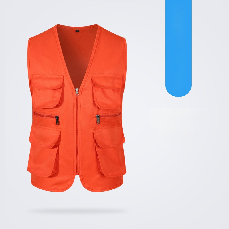 Töövest mitmekülgsete taskutega ja logo trükiga, reversiga kaelus, ühe rida kinnitusega, puuvillane materjal