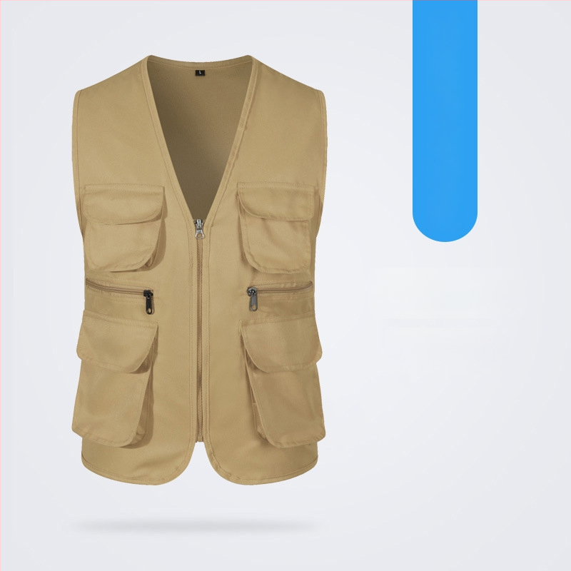 Töövest mitmekülgsete taskutega ja logo trükiga, reversiga kaelus, ühe rida kinnitusega, puuvillane materjal