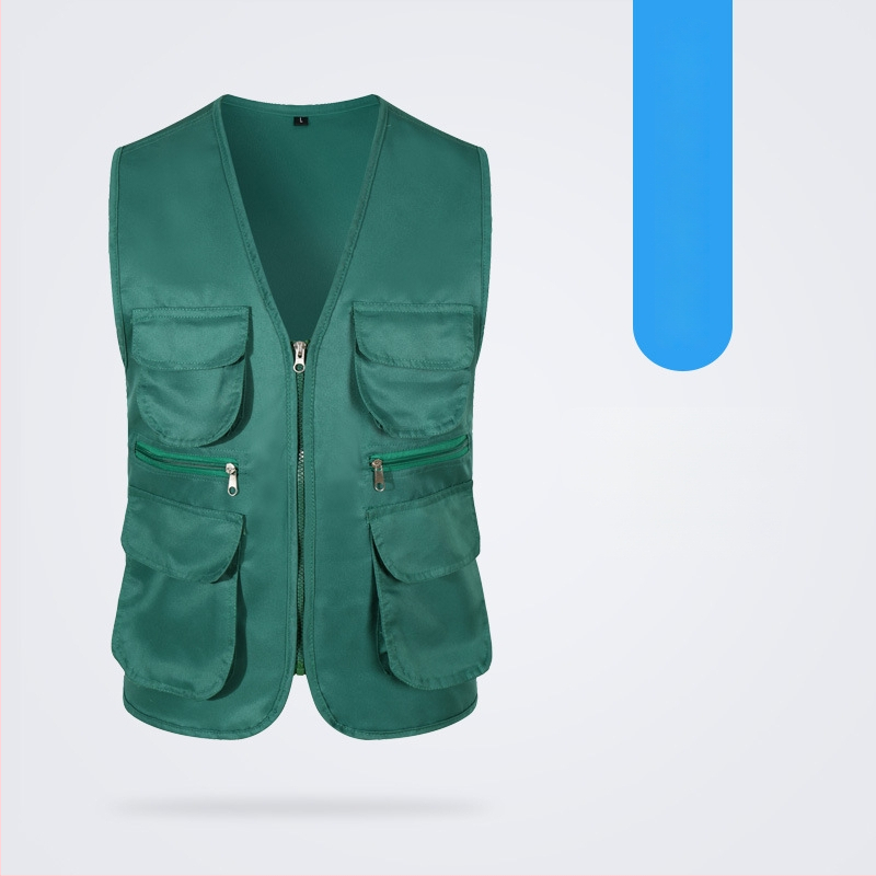 Töövest mitmekülgsete taskutega ja logo trükiga, reversiga kaelus, ühe rida kinnitusega, puuvillane materjal