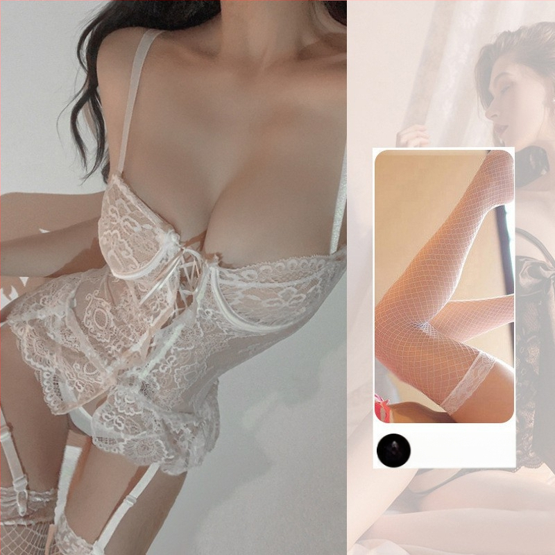 Mežģīņu sieviešu apakšveļas komplekts ar garter joslu, caurspīdīgs dizains, uniformes stils, 90–95% poliesteris
