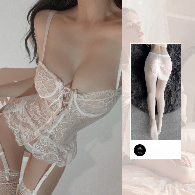 Mežģīņu sieviešu apakšveļas komplekts ar garter joslu, caurspīdīgs dizains, uniformes stils, 90–95% poliesteris