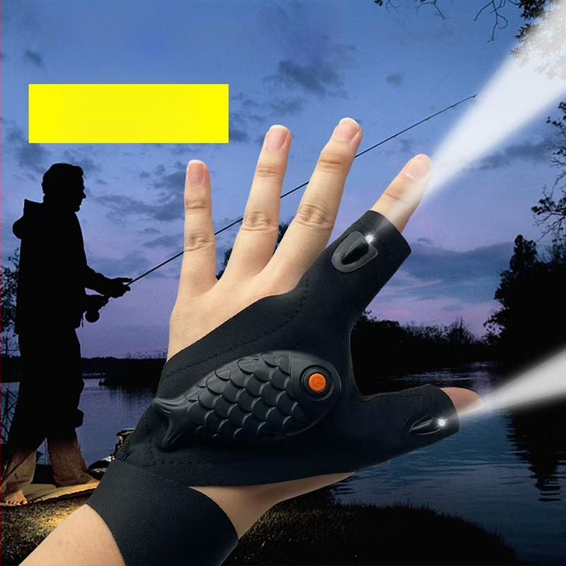 Elastomerinio audinio LED pirštinių žvejybai, su baterijomis, kvėpuojančios, kairė/ dešinė rankos variantai, LED apšvietimas, diapazonas iki 50 m