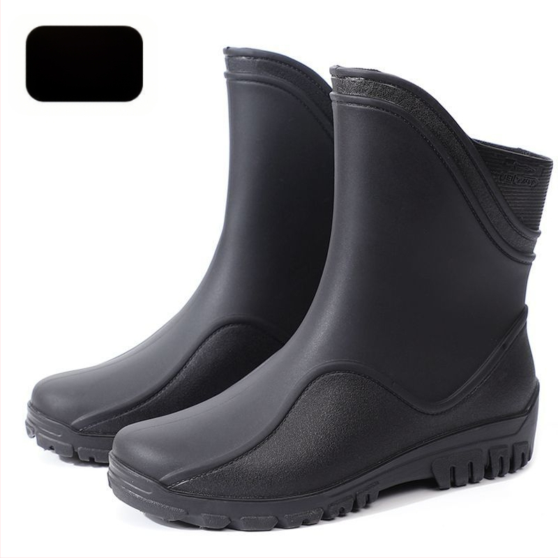 Vīriešu lietus zābaki vidēja garuma, plastmasas augšdaļa un zole, kokvilnas iekšējā zole, bez oderes, visām sezonām.