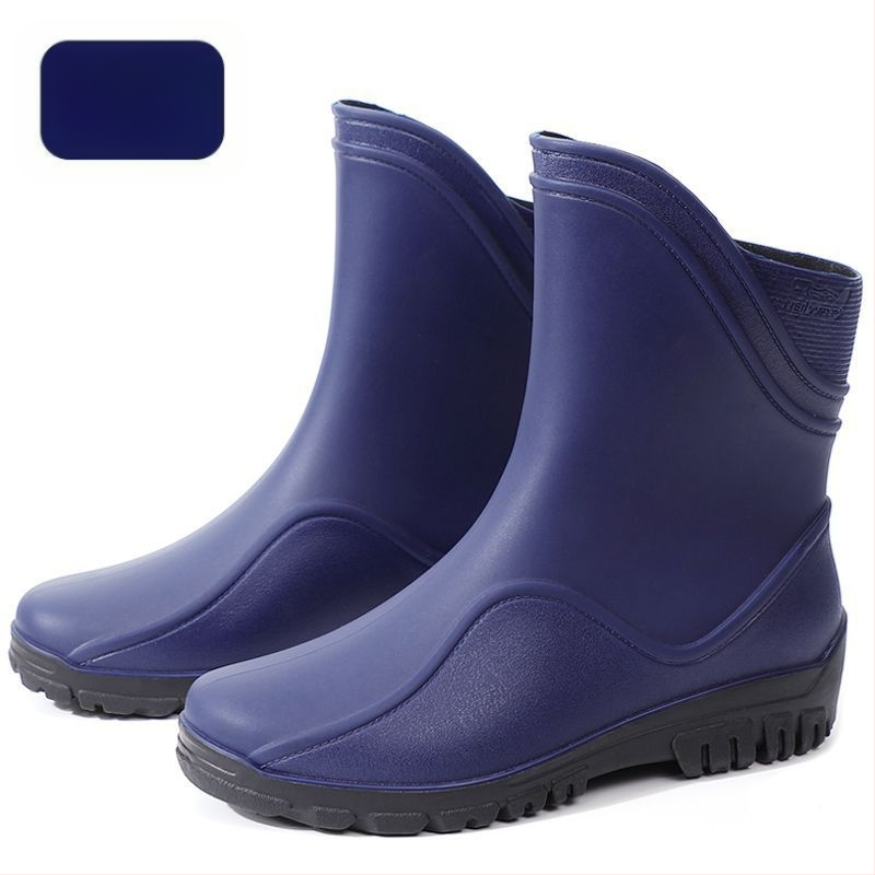 Vīriešu lietus zābaki vidēja garuma, plastmasas augšdaļa un zole, kokvilnas iekšējā zole, bez oderes, visām sezonām.