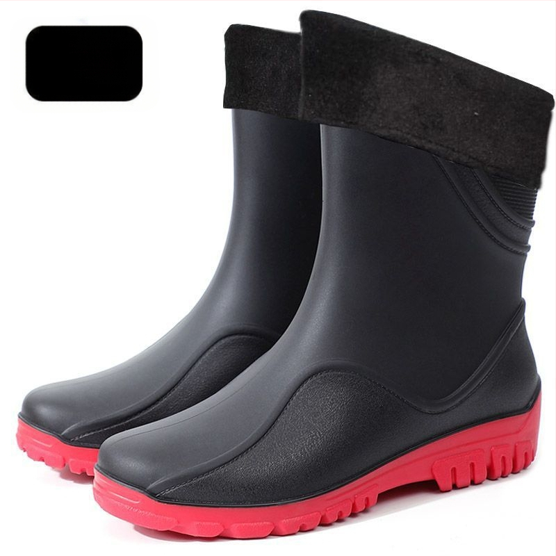 Vīriešu lietus zābaki vidēja garuma, plastmasas augšdaļa un zole, kokvilnas iekšējā zole, bez oderes, visām sezonām.