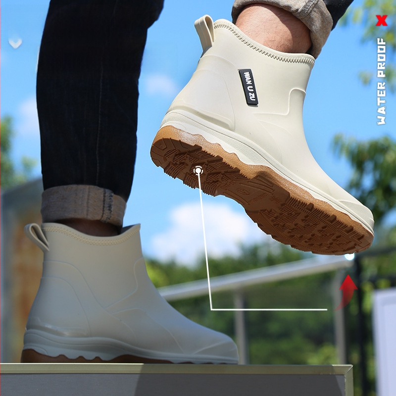 Vīriešu īsas lietus zābaki, PVC augšdaļa, ūdensizturīgi, pretslīdēšana, viegli, plastmasas zole