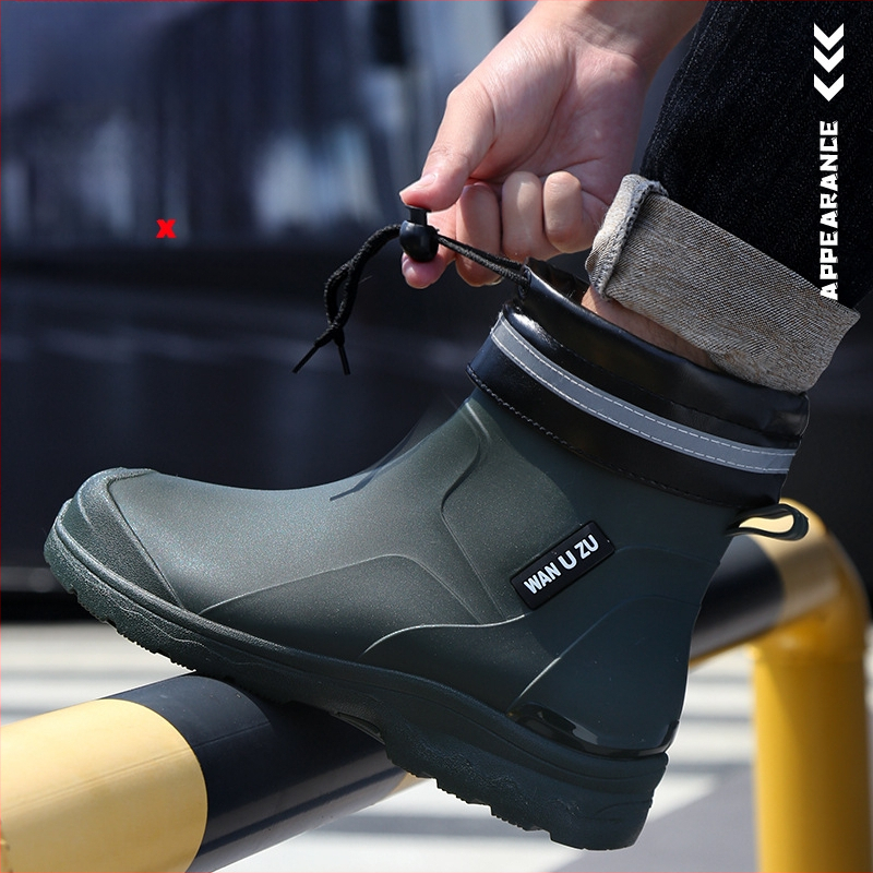 Vīriešu īsas lietus zābaki, PVC augšdaļa, ūdensizturīgi, pretslīdēšana, viegli, plastmasas zole
