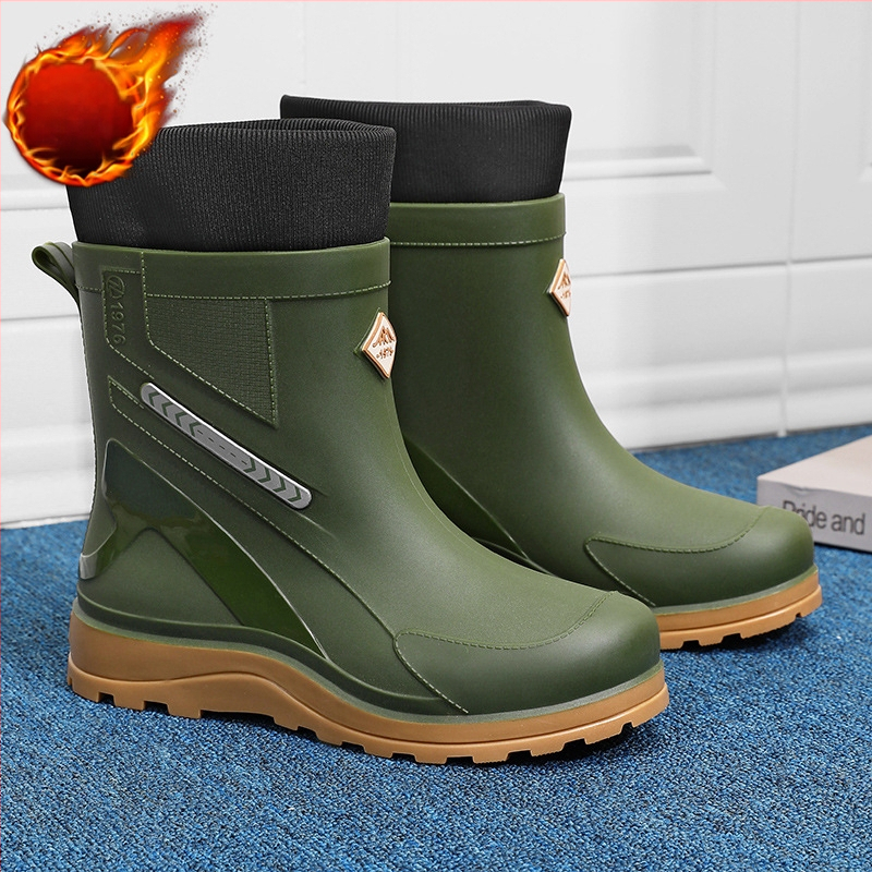 Vīriešu vidēja augstuma lietus zābaki, ūdensizturīgi, pretslīdes, nodilumizturīgi, viengabala zole