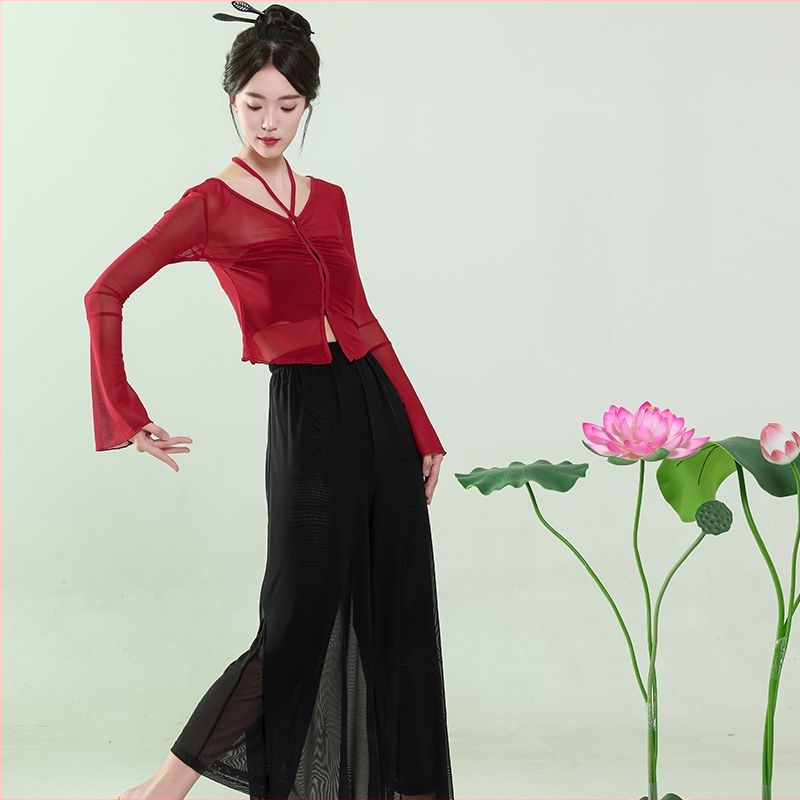 mo'leng Universālais top no Chenille-Spandex tīklu auduma ar trompetes piedurknēm etniskajām dejām, pavasaris 2025