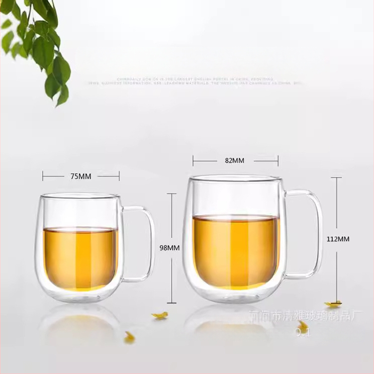 Dviejų sienelių borosilikatinio stiklo puodelis su rankena, atsparus temperatūrai, rankų darbo