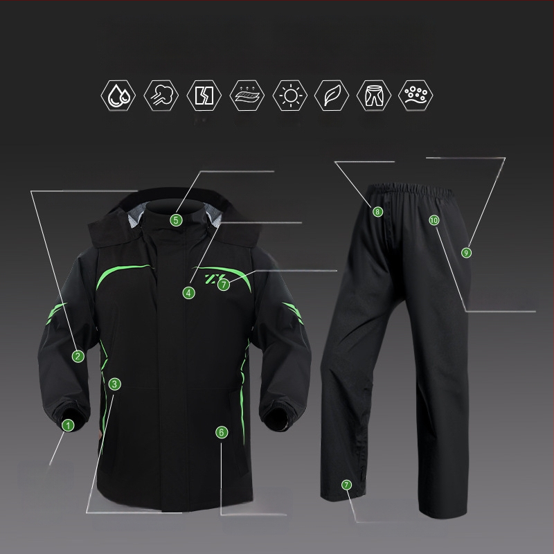 Podijeljeni kišni set za vožnju motociklom i električnim biciklom s reflektirajućim dizajnom, hlače za kišu cijelog tijela za odrasle, tkanina Chunya Spinning, PVC premaz, mogućnost tiska loga