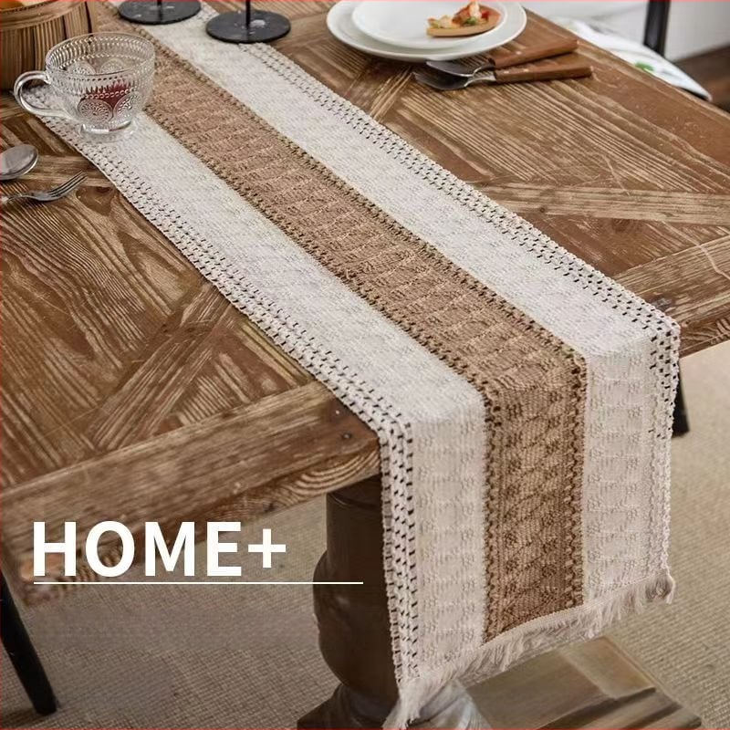 Steag pentru masă și față de masă, model în dungi din amestec in-bumbac 80/20, ciucuri, decor nordic luminos