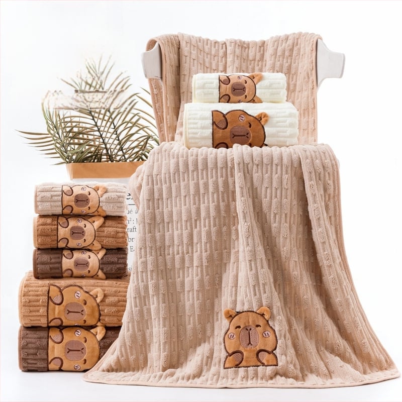 Комплект кърпи за баня Capybara, коралов флис, дебел и абсорбиращ, 400 g, обшивка, възможен печат на лого