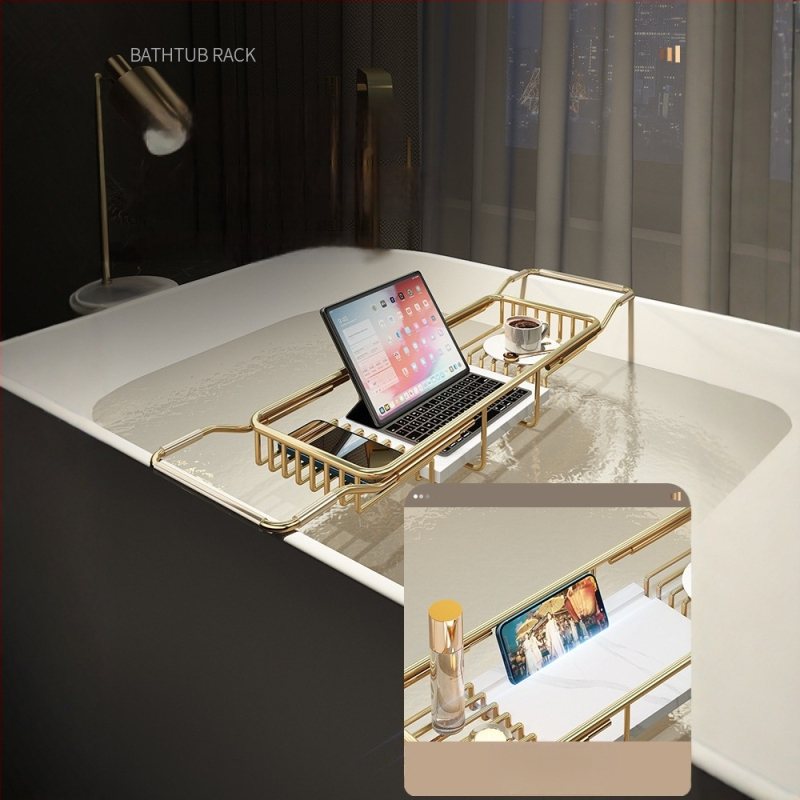 Разширяем държач за вана със сгъваем поднос за телефон, неръждаема стомана, електроплакиран финиш, модел YGJ, един слой, модерен минималистичен стил