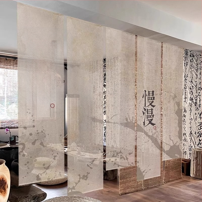 Гоблен завеса за чайна стая, нов китайски стил, полиестерна полупрозрачна тъкан, растителен принт, правоъгълна форма, дигитален термотрансферен печат