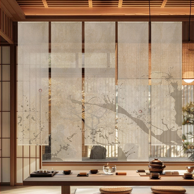 Гоблен завеса за чайна стая, нов китайски стил, полиестерна полупрозрачна тъкан, растителен принт, правоъгълна форма, дигитален термотрансферен печат