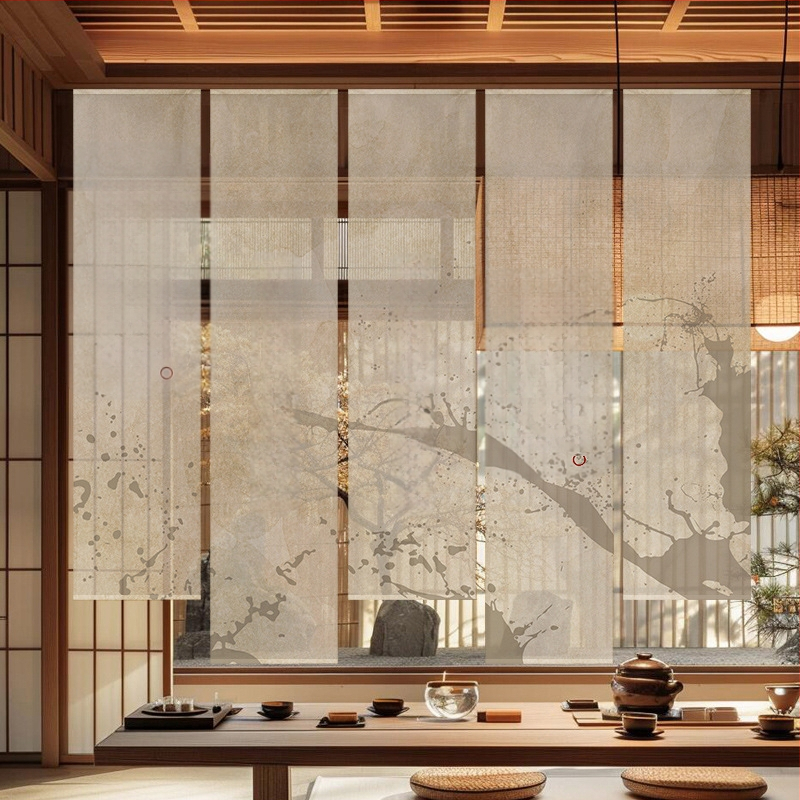 Гоблен завеса за чайна стая, нов китайски стил, полиестерна полупрозрачна тъкан, растителен принт, правоъгълна форма, дигитален термотрансферен печат