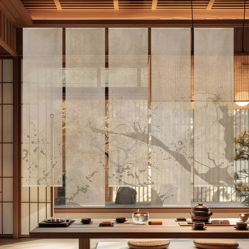 Гоблен завеса за чайна стая, нов китайски стил, полиестерна полупрозрачна тъкан, растителен принт, правоъгълна форма, дигитален термотрансферен печат