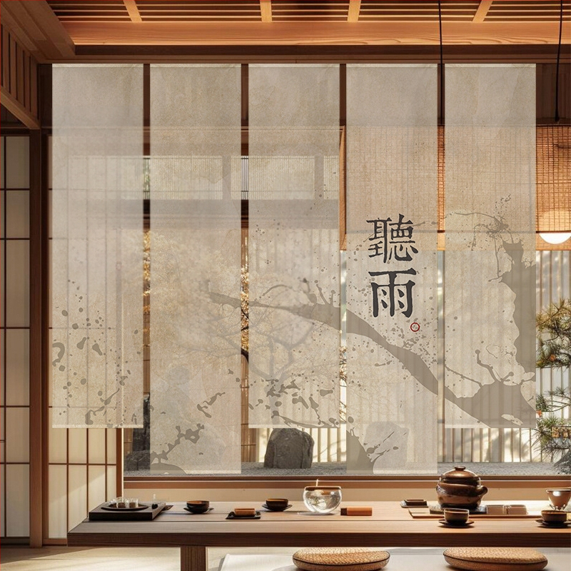Гоблен завеса за чайна стая, нов китайски стил, полиестерна полупрозрачна тъкан, растителен принт, правоъгълна форма, дигитален термотрансферен печат