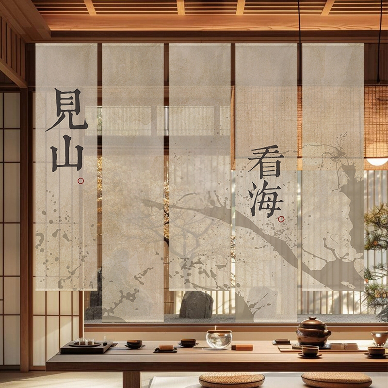 Гоблен завеса за чайна стая, нов китайски стил, полиестерна полупрозрачна тъкан, растителен принт, правоъгълна форма, дигитален термотрансферен печат